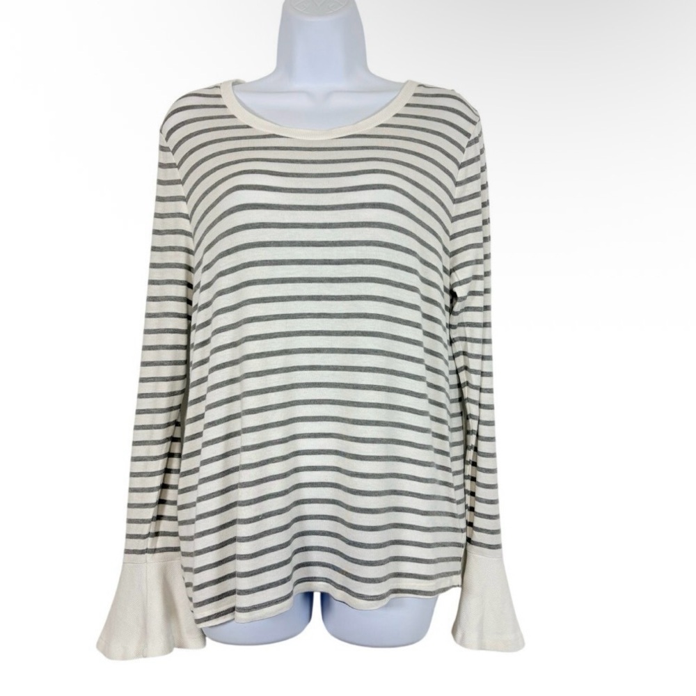 Marled Reunited Clothing Gray White Striped Bell Sleeve Top Size M
